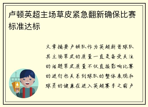 卢顿英超主场草皮紧急翻新确保比赛标准达标